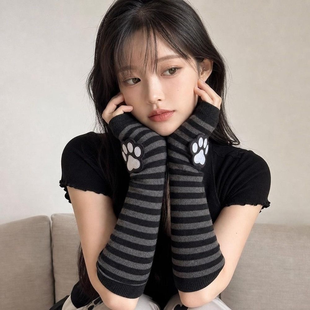 Cute Cat Claw Striped Pattern  - Fingerless Glove Knit ulasan dan harga
