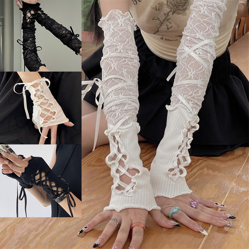 Women Lace‑Up Fingerless Arm S - Fingerless Glove Knit ulasan dan harga